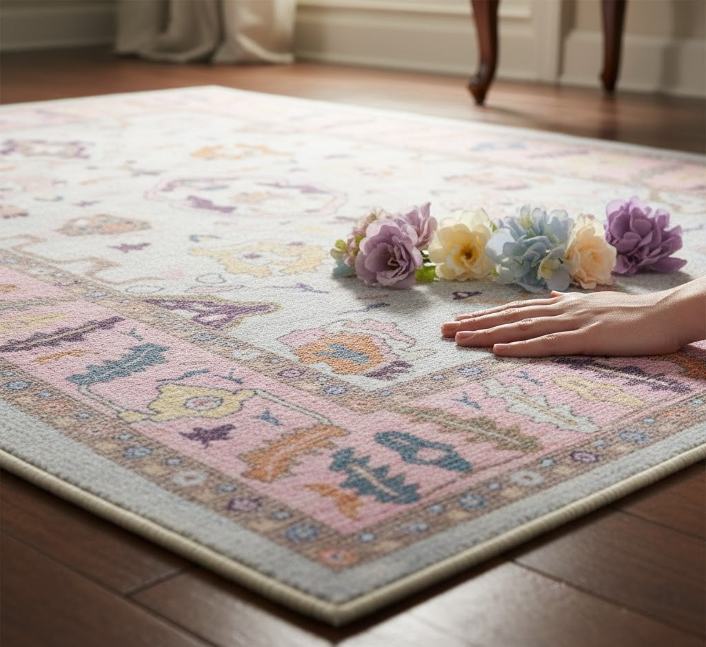 Close-up of a pink floral vintage-style rug inspired by classic English decor