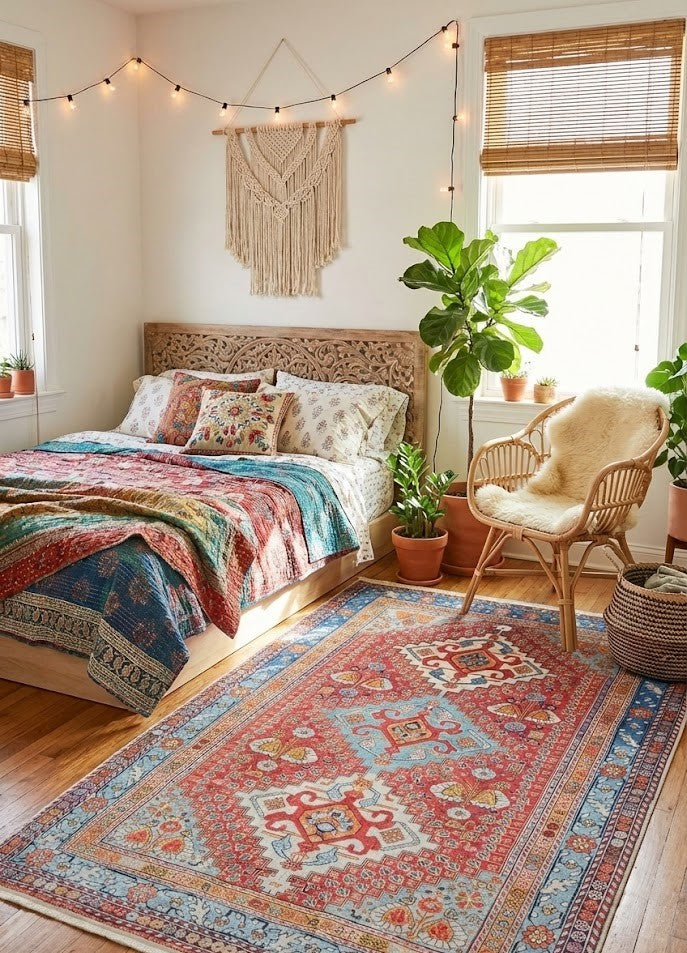 Nature-inspired color rug in a bedroom, featuring tones that create a calm, and a warm sleeping space