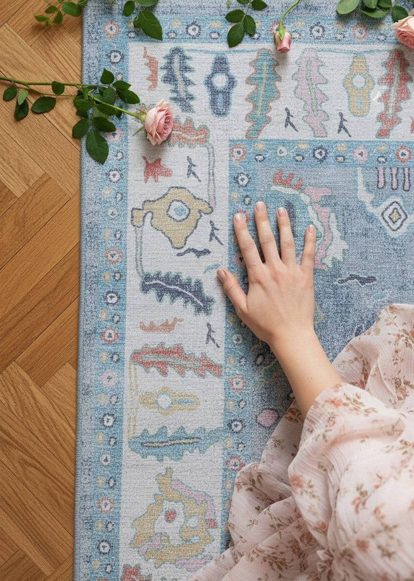 Close-up of a floral pastel area rug highlighting soft spring colors and delicate pattern