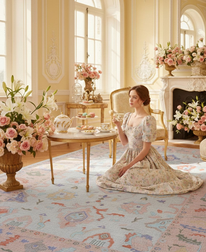 Floral area rug styled in a romantic Regency elegant interior