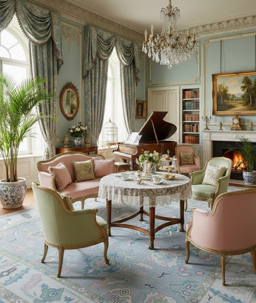 Lavender pastel area rug in a romantic living room inspired by Regency style