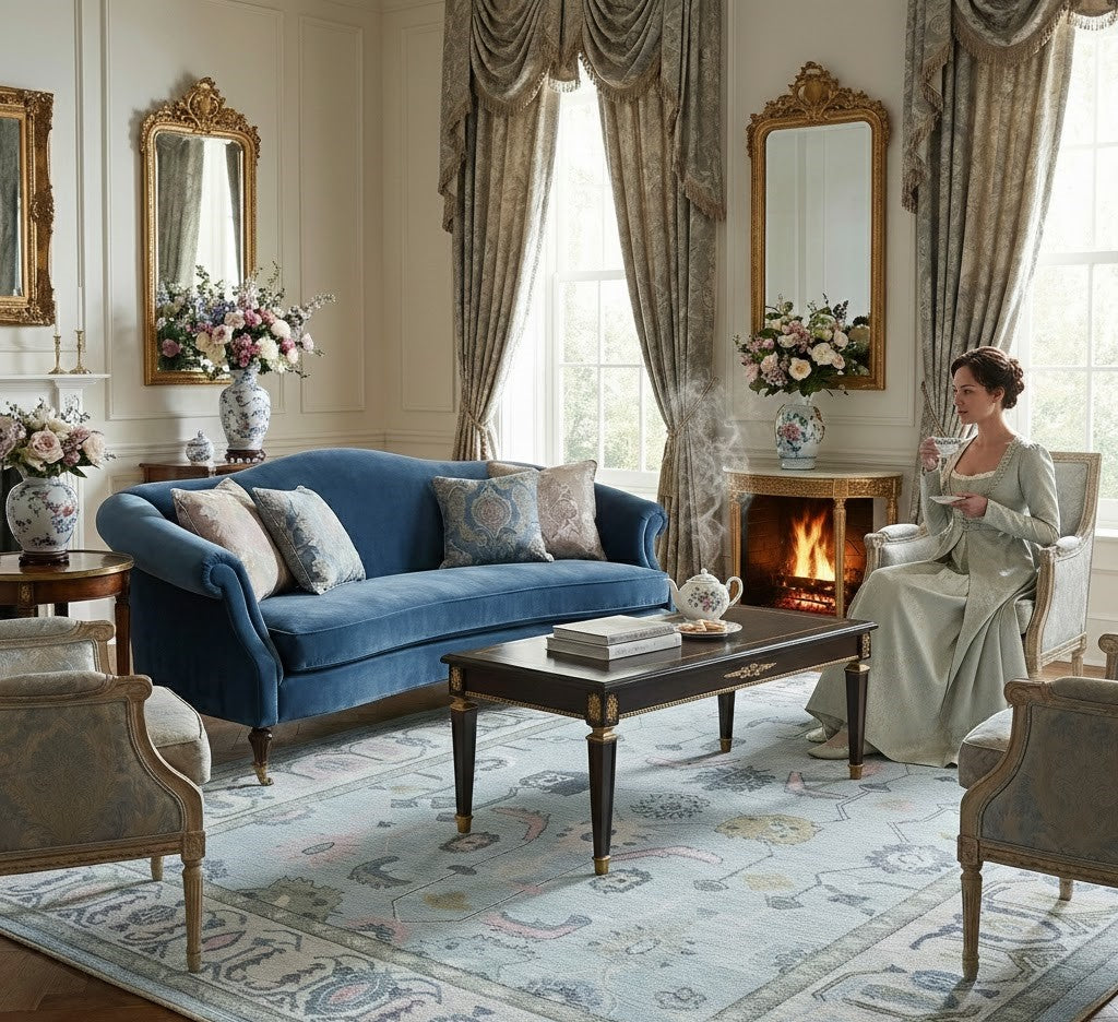 Powder Blue floral rug styled in an elegant traditional interior