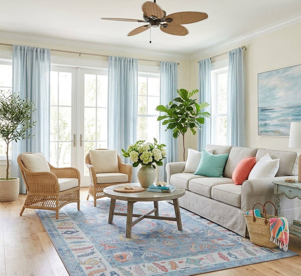 Colorful washable area rug transforming a modern living room into a cheerful summer-inspired space. 