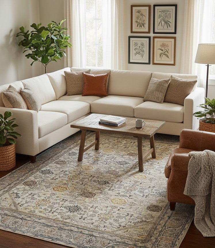 Modern living room featuring a luxury area rug that elevates the space with style and warmth