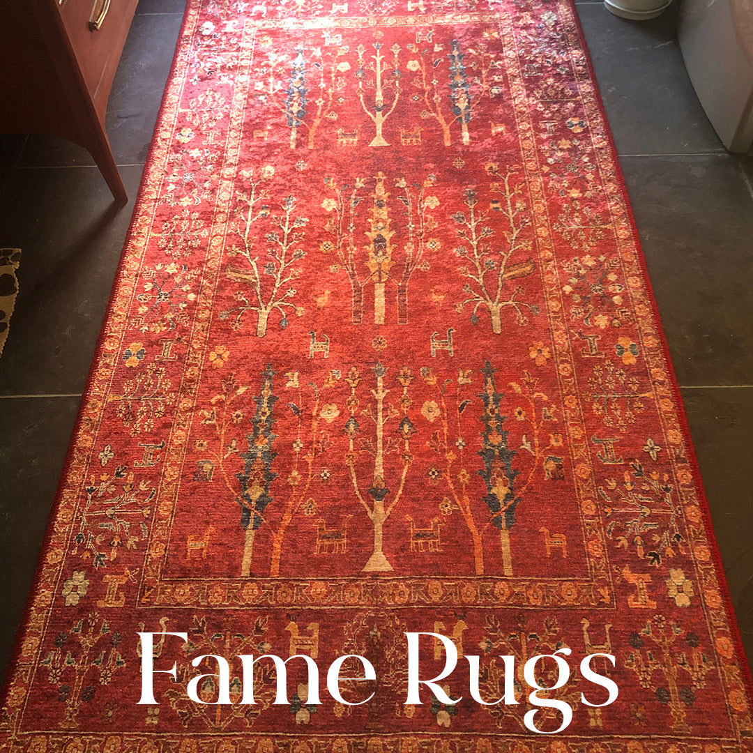Bohemian red runner rug featuring intricate tribal patterns and details, adding a bold, artistic touch to a hallway or entryway with its rich vintage-inspired design.