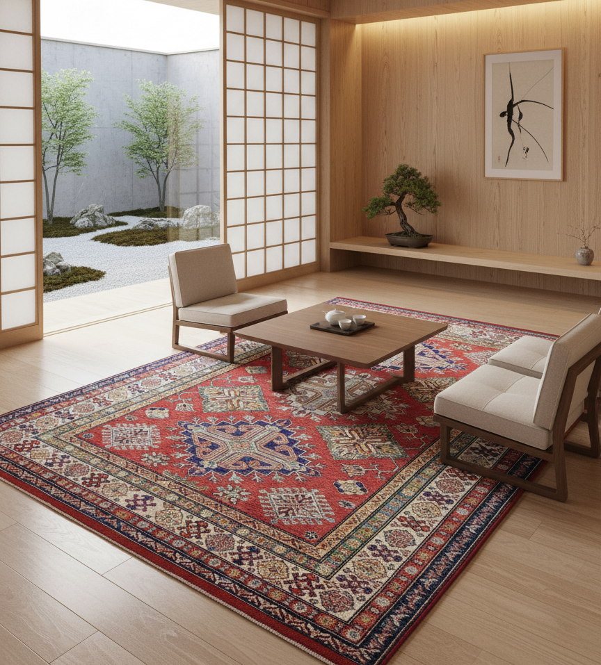 A cozy Japanese living room featuring a traditional Turkish rug with intricate patterns, blending modern minimalist furniture and natural wooden accents for a warm, elegant look.