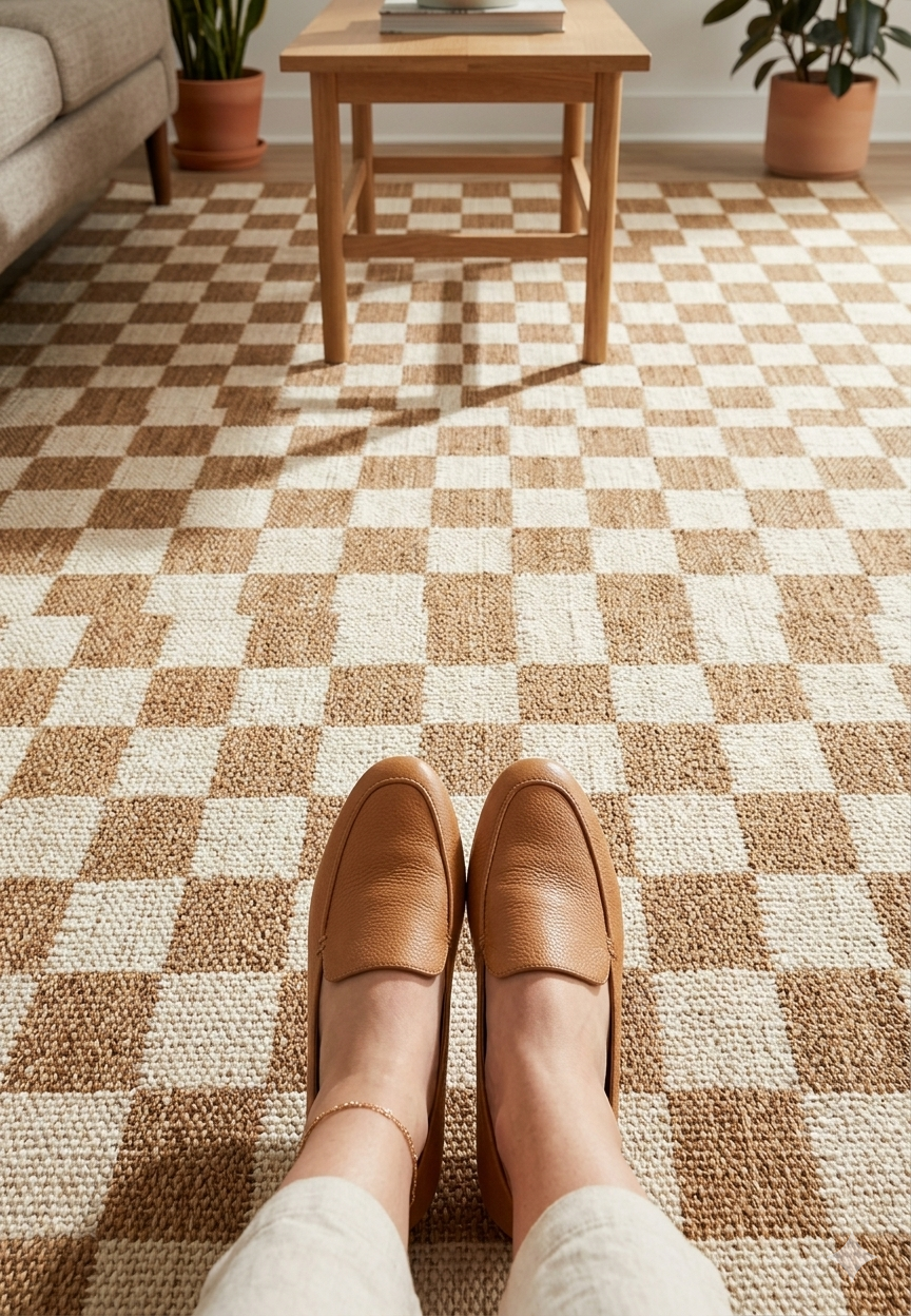Soft beige and white checkerboard rug in a sunny modern living room with a cozy and luxurious feel