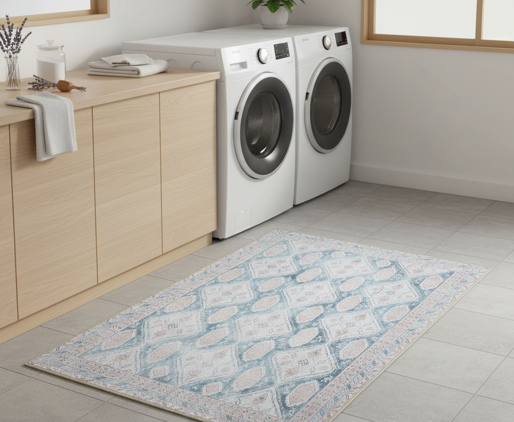 A cozy laundry room in a Japanese home featuring a washable rug that adds comfort and style, complementing the clean, minimalist interior design.