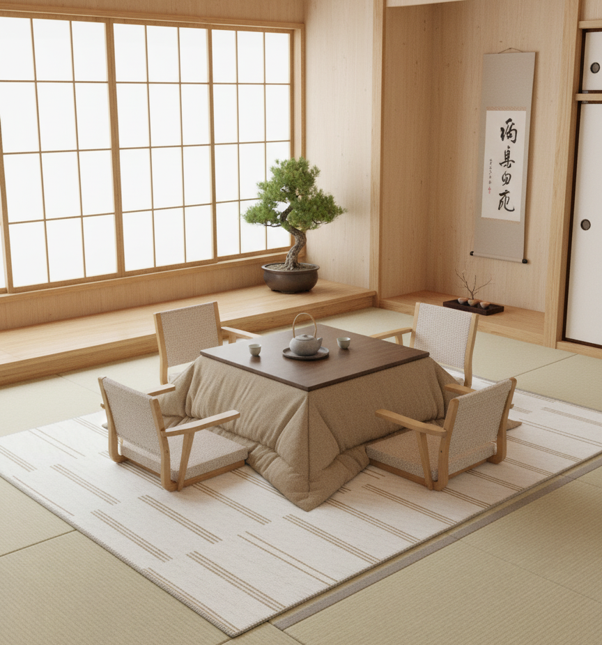 A serene Japanese-inspired living room featuring a minimalist rug that enhances the clean lines, neutral tones, and natural textures of the modern interior.