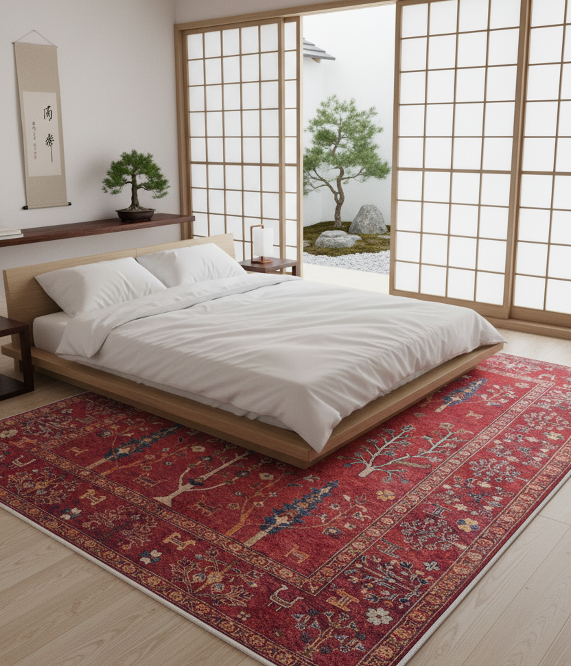 A Japanese bedroom featuring a cozy red rug, adding warmth, texture, and a pop of color to the minimalist and serene interior.