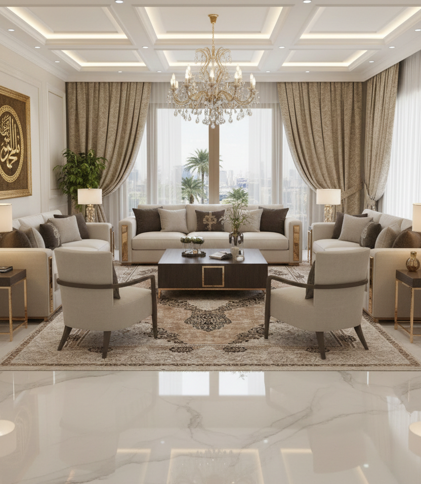 Saudi home interior blending modern décor with antique Turkish carpet.