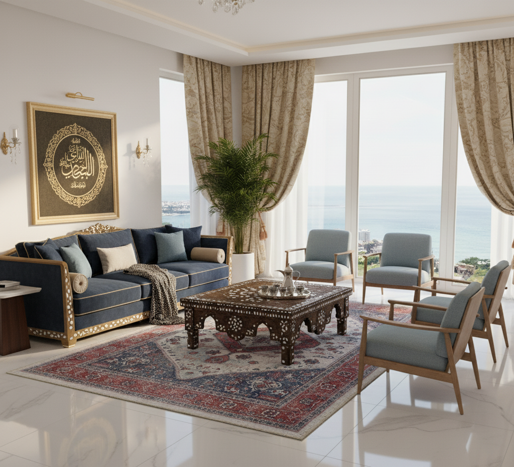 A Riyadh living room featuring an antique carpet with intricate patterns, paired with modern furniture and décor for a stylish, balanced interior.