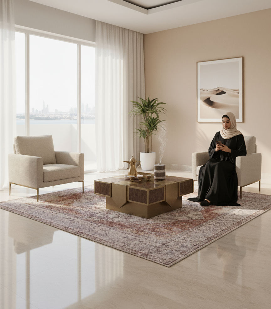 Woman sitting in a modern Saudi living room styled with a vintage Persian rug, blending traditional and contemporary design elements
