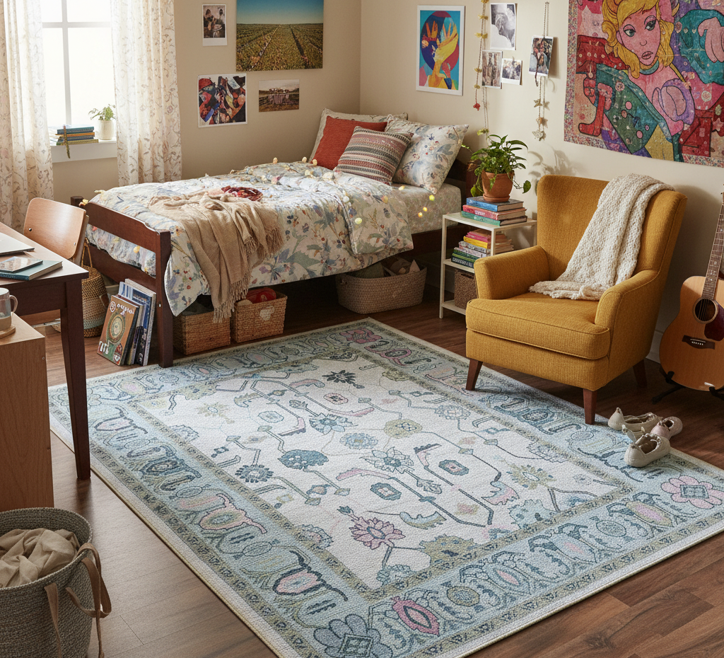 Small dorm room decorated with a soft rug on the floor for added comfort.