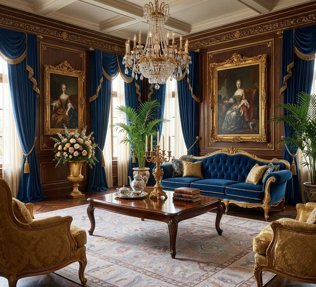 Beige and brown floral area rug in a romantic Regency-inspired living room with elegant decor