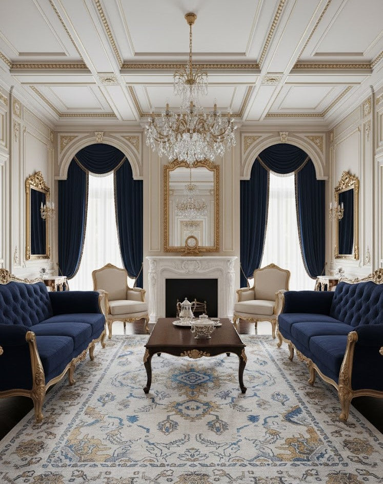 Cream and gold medallion area rug in a luxurious regal living room