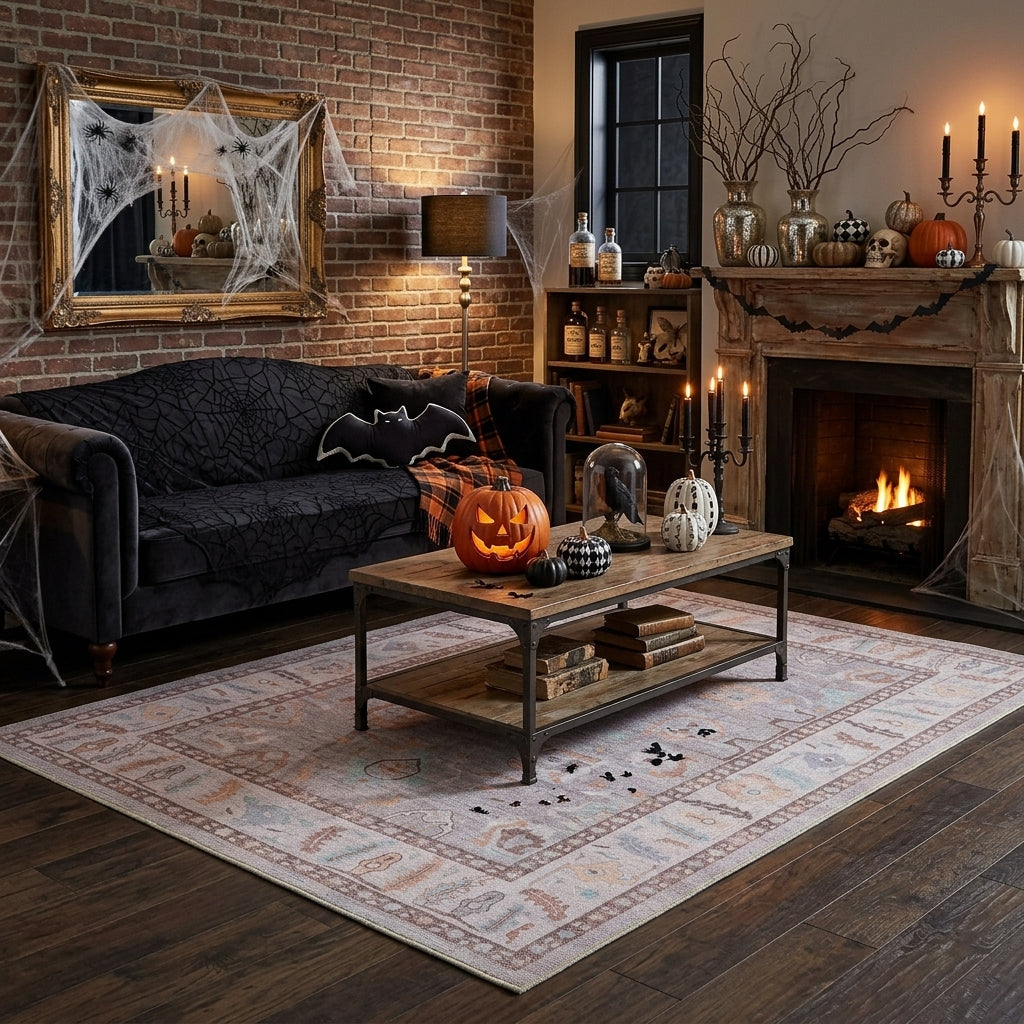 Cozy Halloween living room with a brown Oushak rug, moody seasonal decor, and layered textures for a warm, spooky atmosphere.