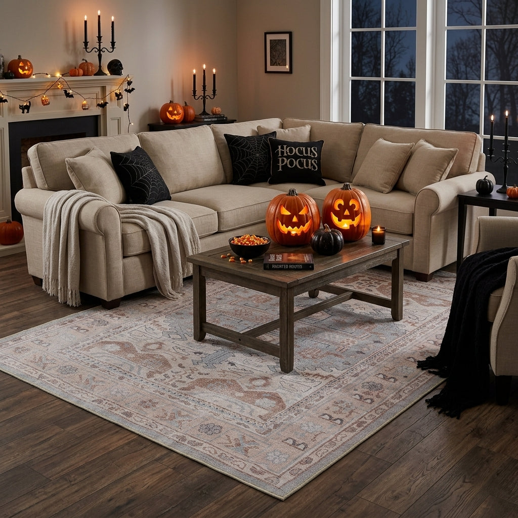 Black and orange Halloween living room decor with a patterned area rug, festive accents, and cozy textures for a stylish seasonal look.