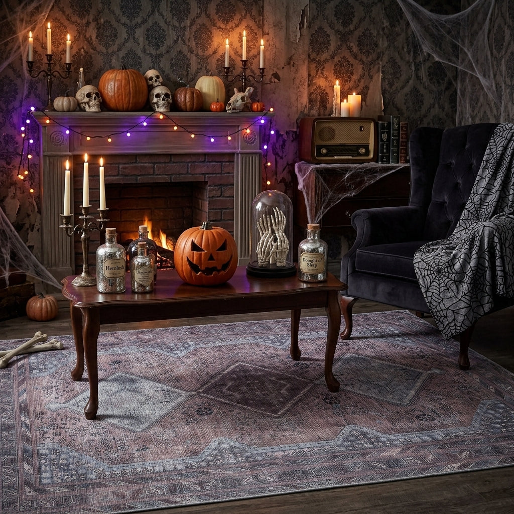 Modern living room with stylish Halloween decorations, a patterned area rug, and cozy seasonal accents blending spooky details with contemporary home decor.