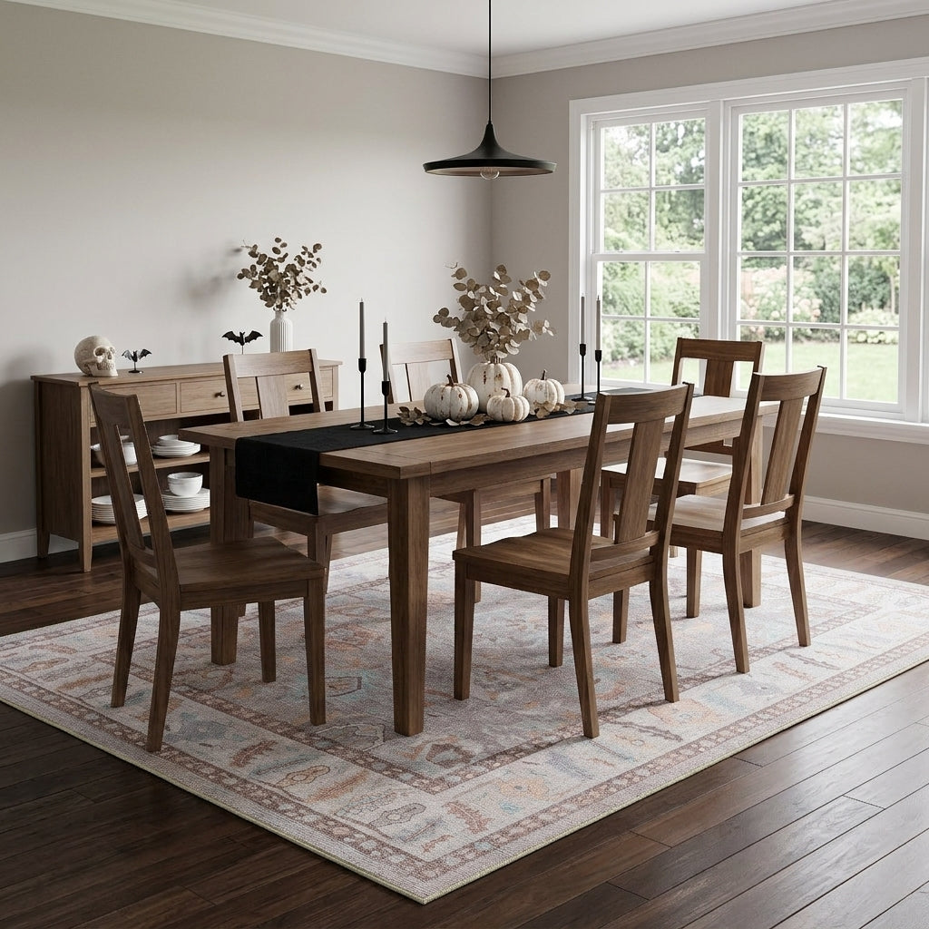 Look photo of a brown rug under a dining table Brown area rug beneath a dining table, adding warmth, natural texture, and modern style to a cozy dining room.