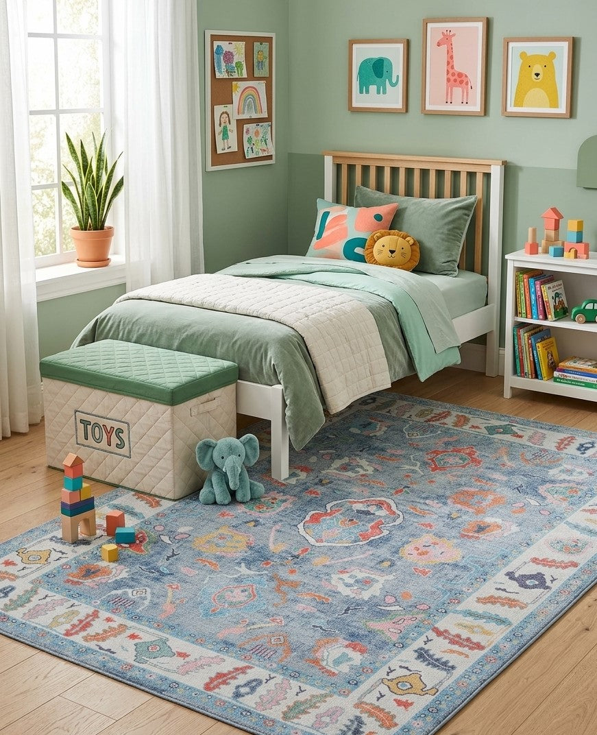 Colorful Oushak-style area rug in a cozy kids bedroom with playful and practical decor