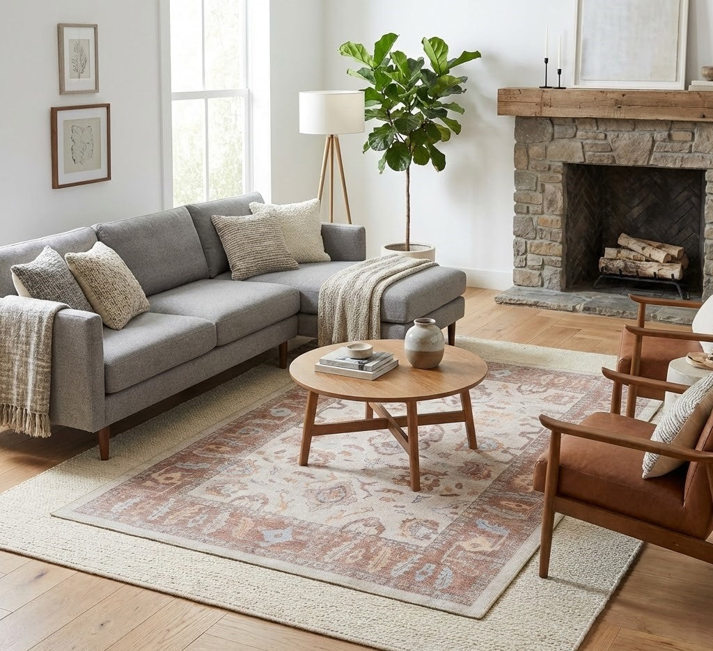Brown Oushak-inspired area rug layered over a neutral minimalist rug under a dining table