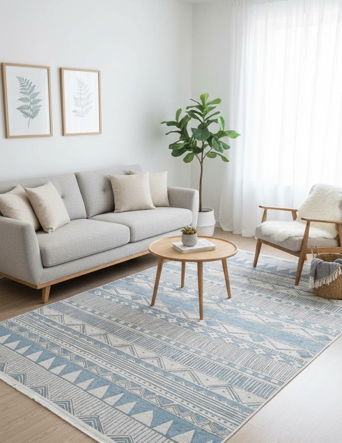 Minimalist Scandinavian living room with a blue and gray area rug
