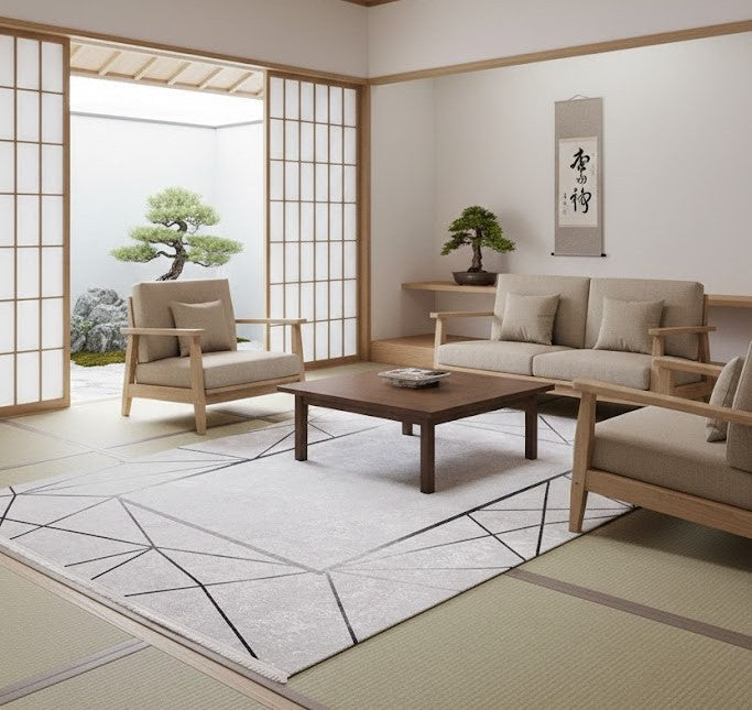 Cozy Japanese-style interior featuring a modern rug in a minimalist living space.