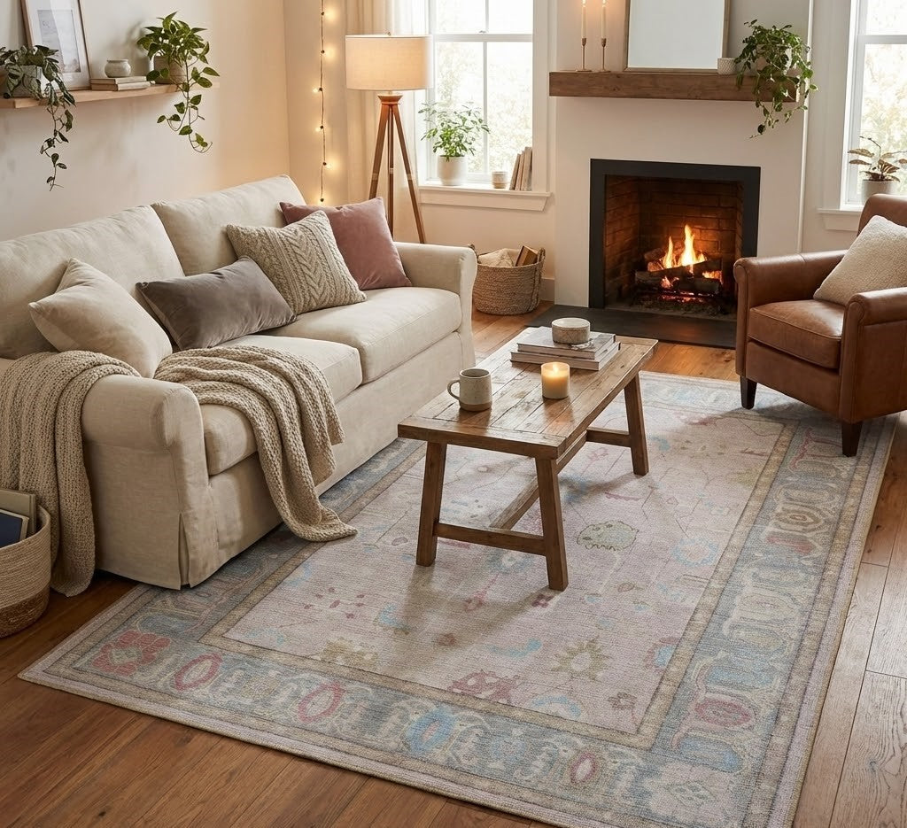 Cozy living room styled with a neutral floral Oushak rug adding warmth, texture, and timeless elegance to the space