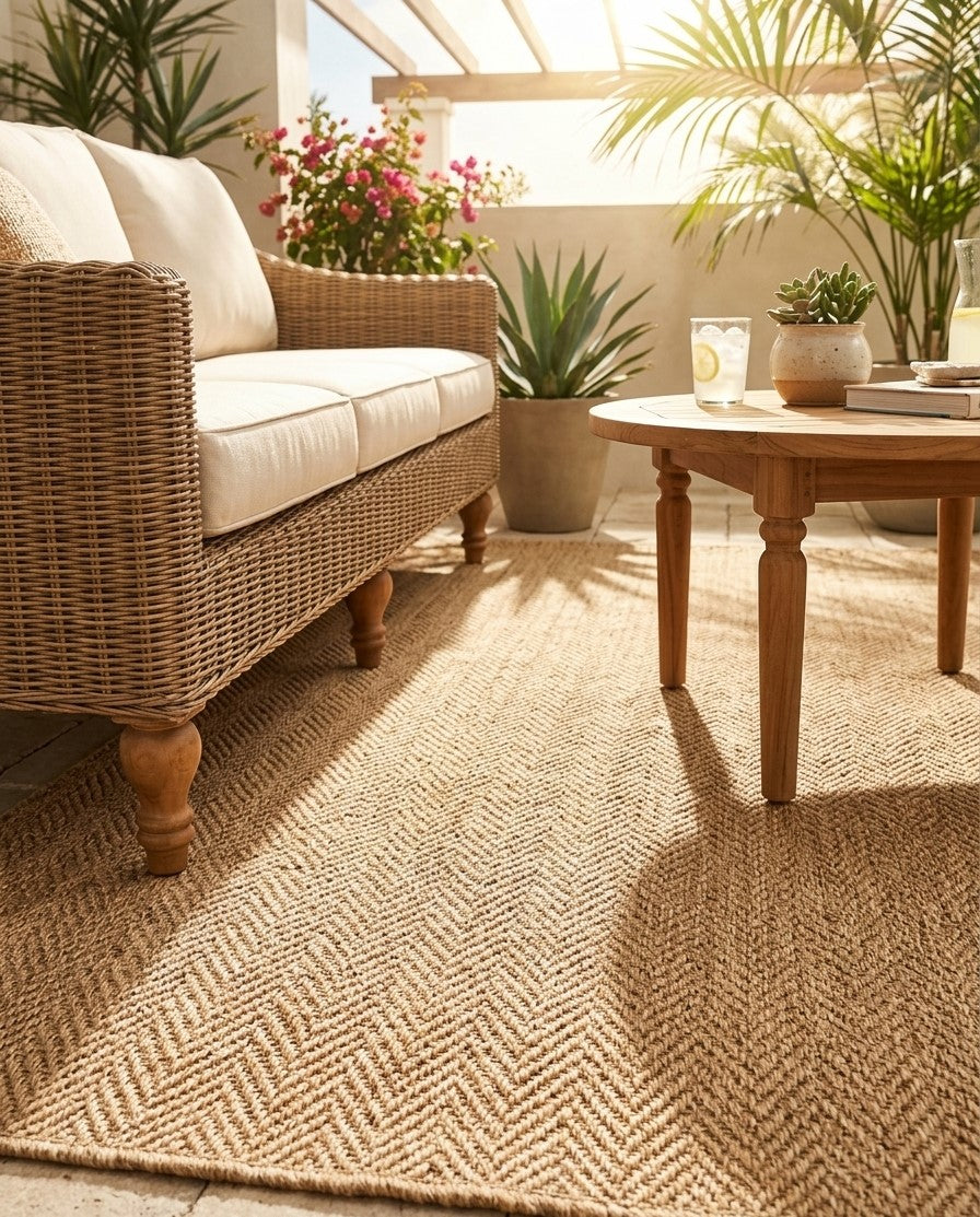 Beige outdoor rug on a sunny patio, creating a fresh and inviting space from the Summer 2026 rug collection.