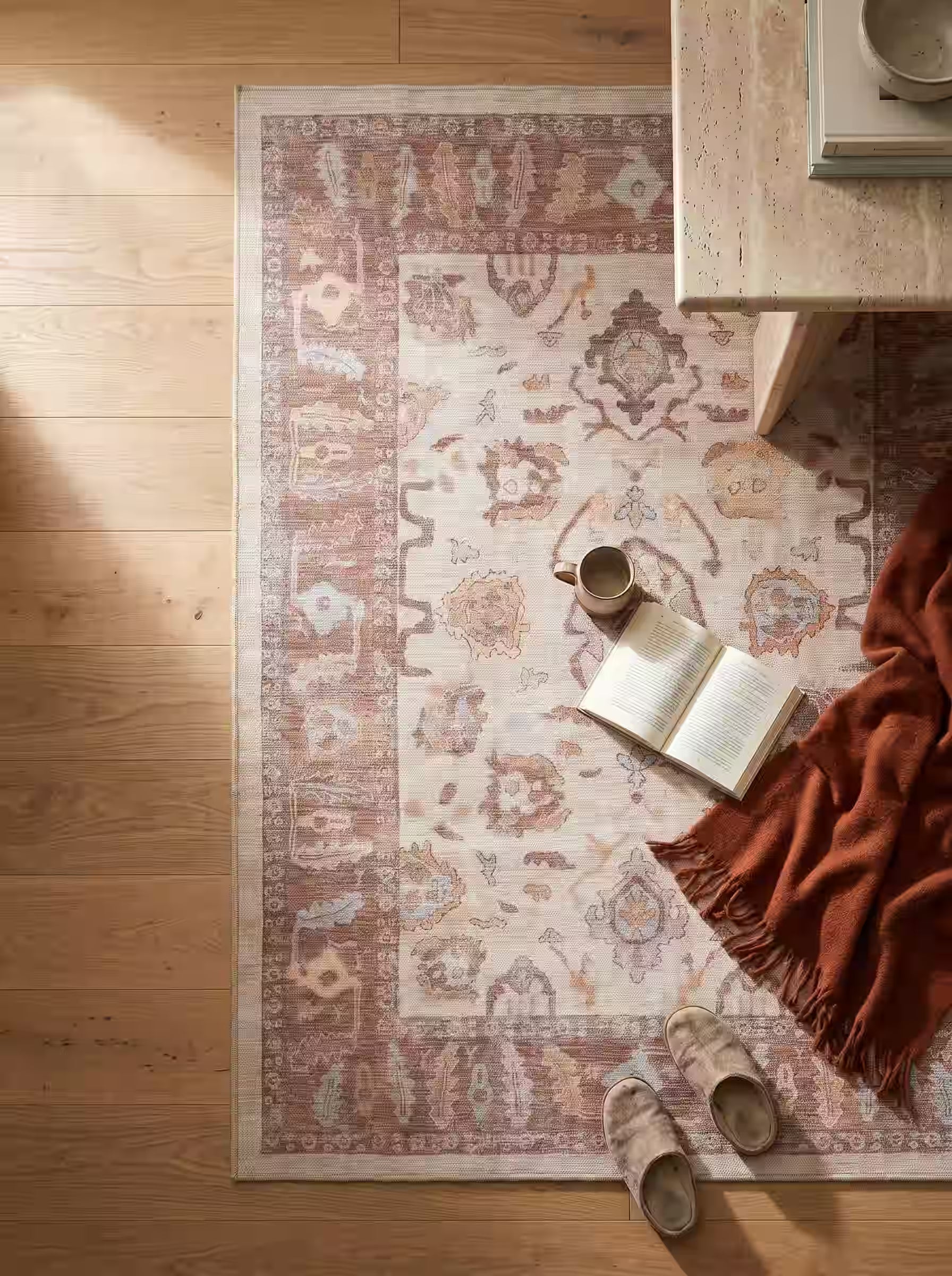 Brown modern Oushak rug adding warmth and cozy style to a fall-inspired home.