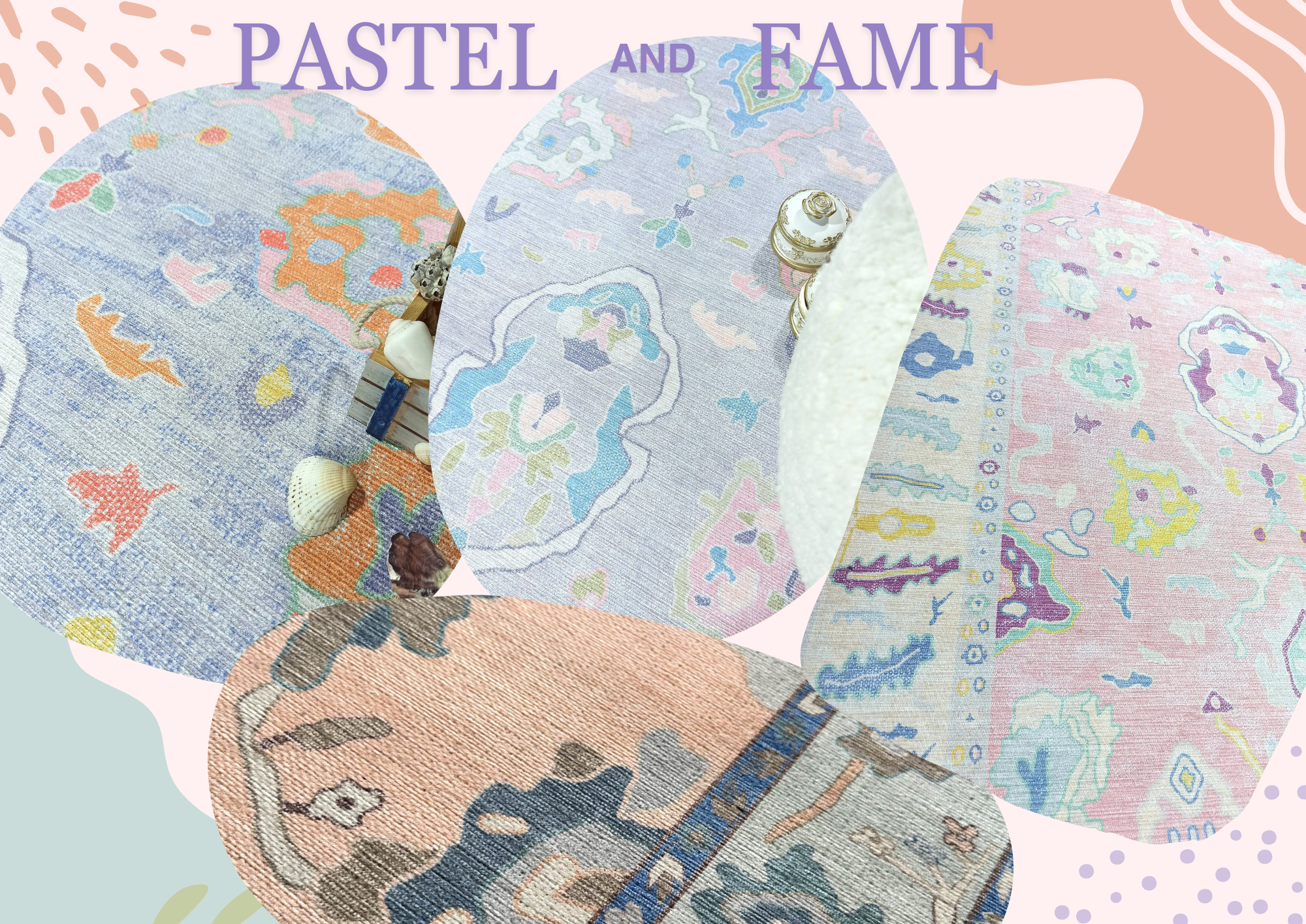 A collection of pastel area rugs in soft shades of blush, mint, and powder blue, neatly displayed to showcase their calming colors and elegant patterns.