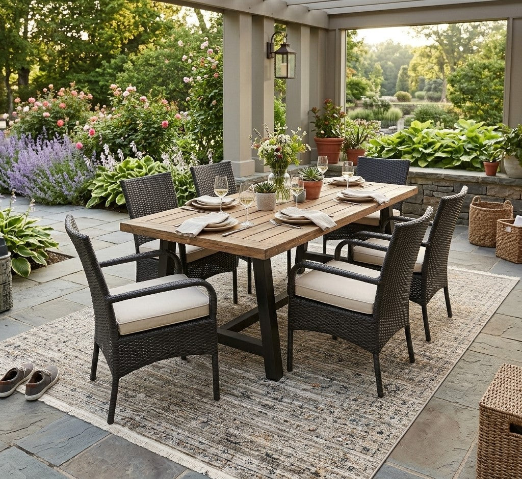 Light neutral area rug under a dining table on a patio creating a cozy and stylish hosting space