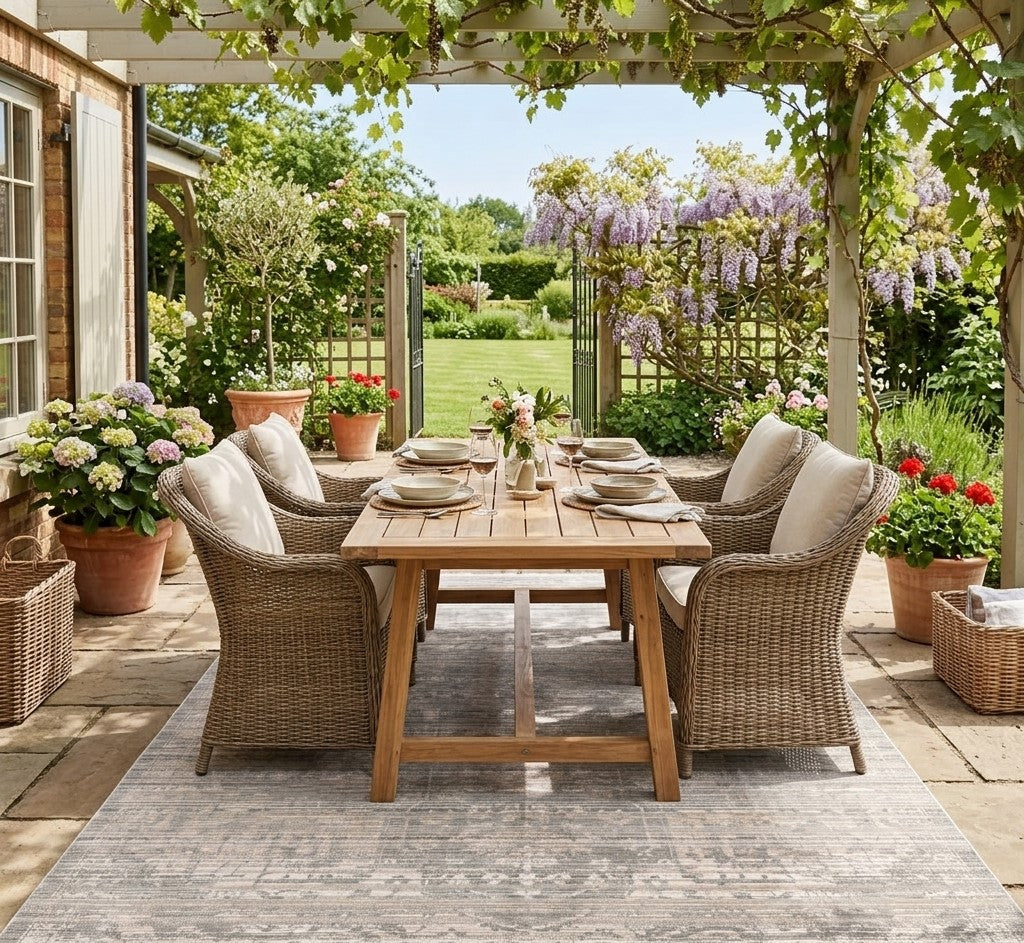 Neutral outdoor rug under a dining table on a summer patio, creating a cozy and stylish space for outdoor entertaining.