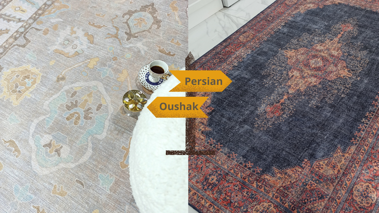 Side-by-side comparison of a Persian rug and an Oushak rug, highlighting the difference in patterns, colors, and textures.