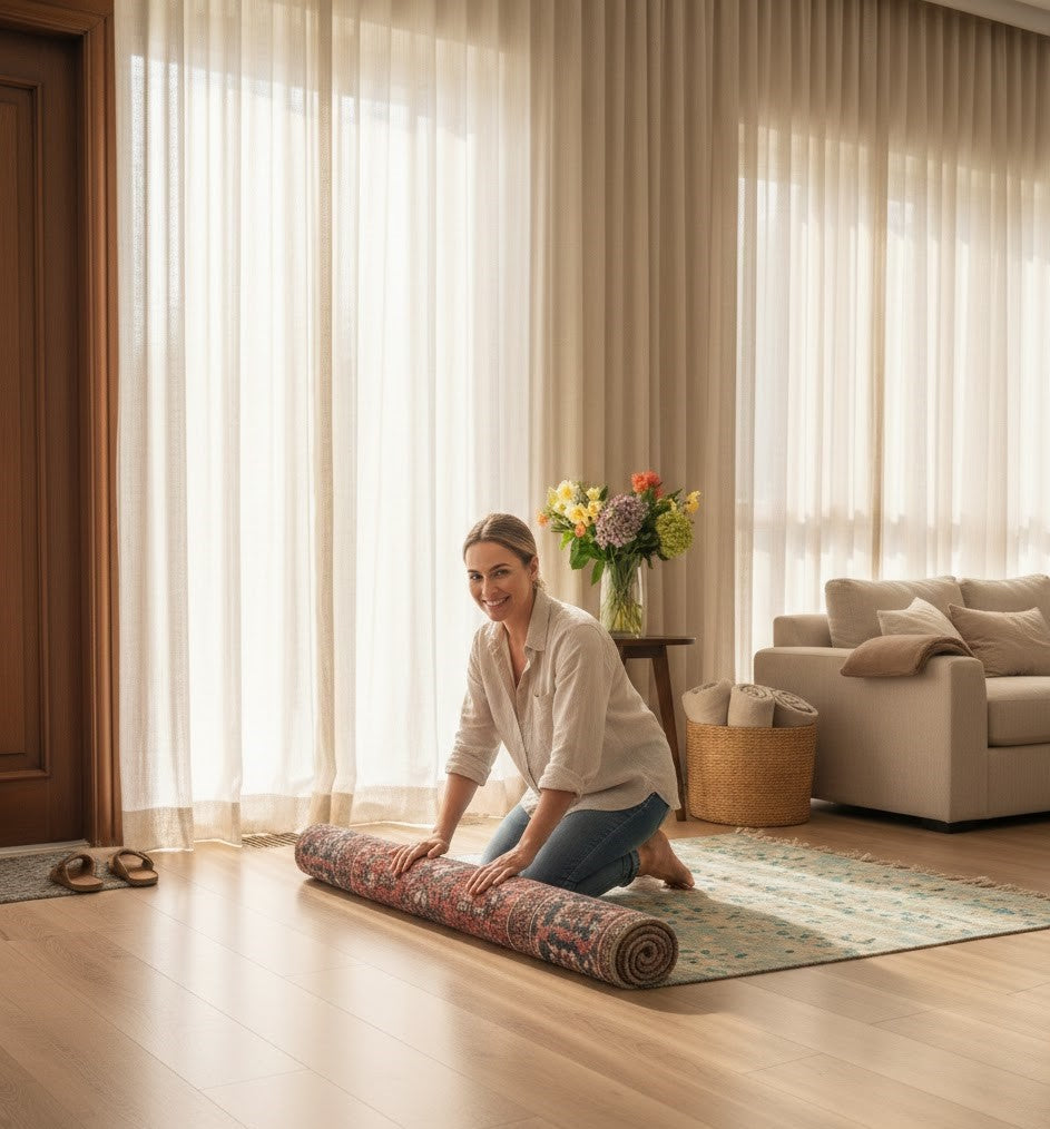 Woman changing rugs by rolling one up, illustrating seasonal rug styling at home.