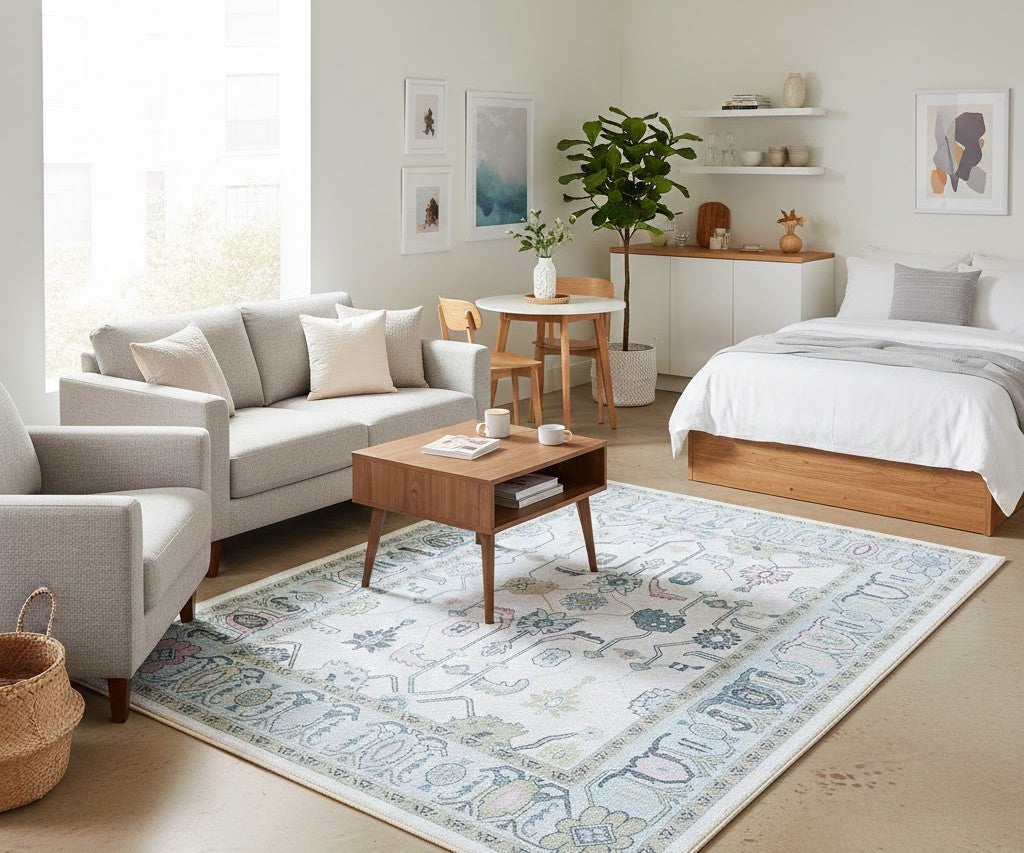 A modern studio apartment featuring a well-placed area rug that defines the living space, adding warmth and helping maximize the small, open layout.