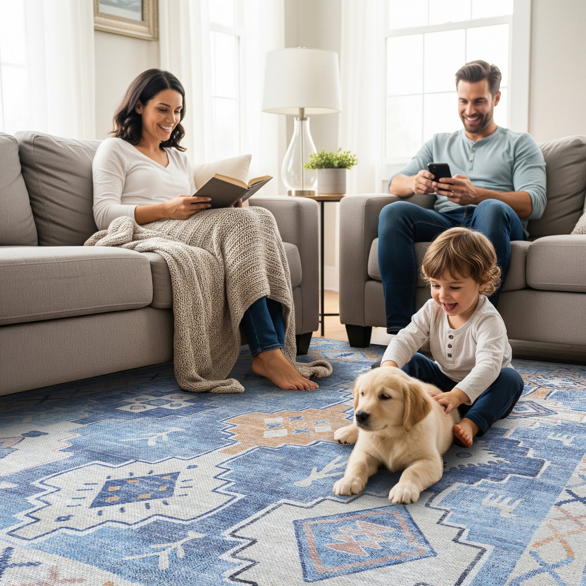 Family with a toddler and dog playing on a soft blue spring area rug in a bright living room