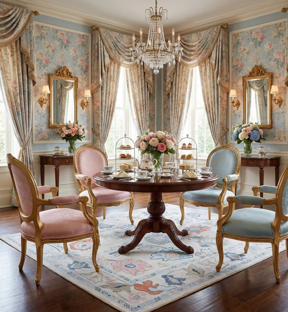 Floral area rug in a charming tea room with pastel decor and vintage seating