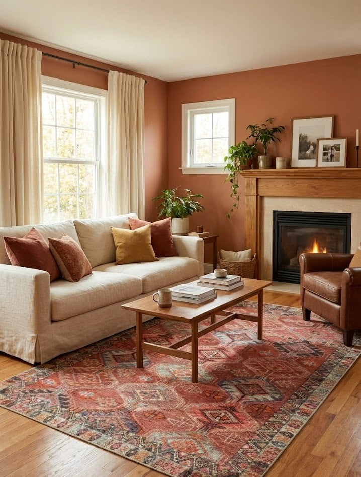 Terracotta area rug adding natural warmth and cozy style to a modern living room interior