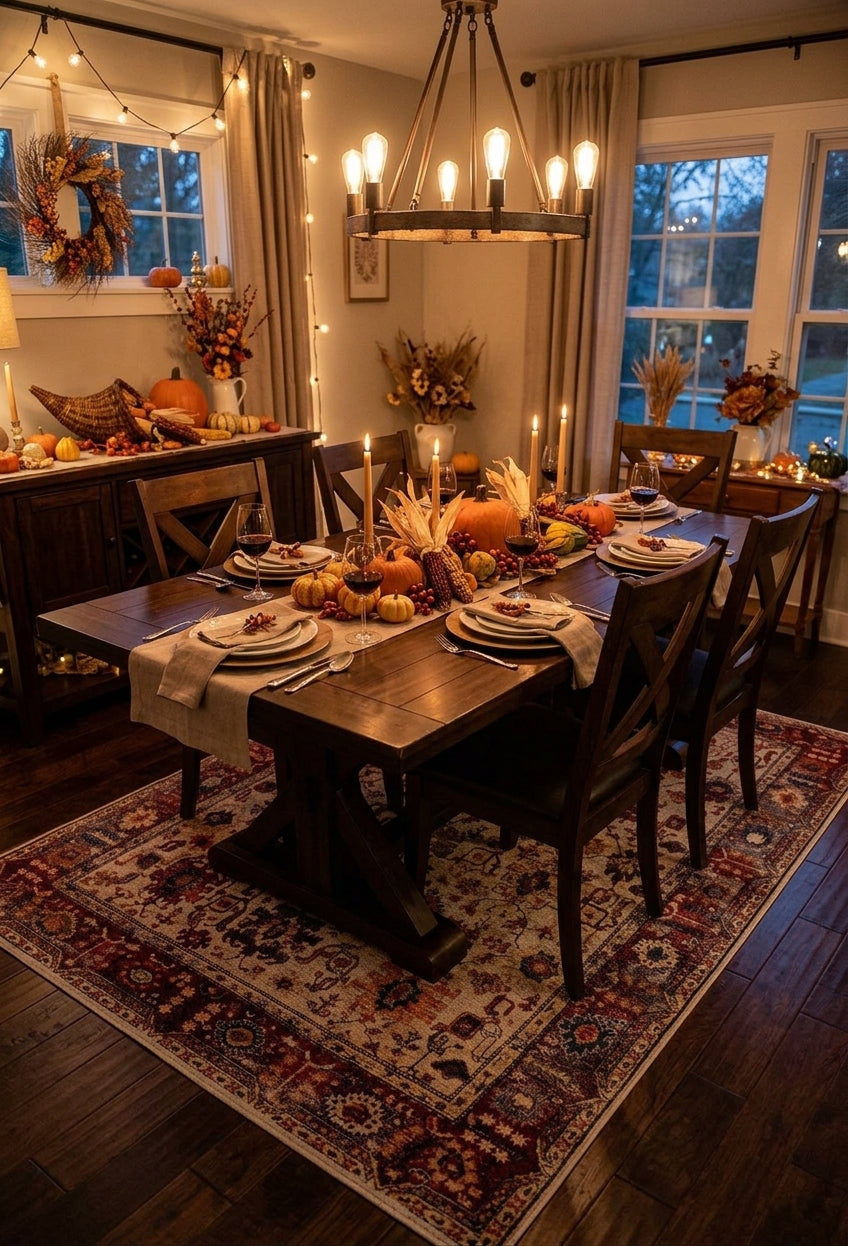 Cozy Thanksgiving home decor with a warm-toned area rug, seasonal accents, and inviting textures for a welcoming holiday atmosphere.
