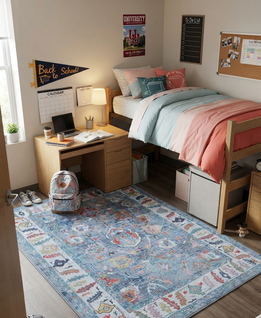 Aviana washable colorful area rug for stylish back-to-school spaces, perfect for kids' rooms and study areas.