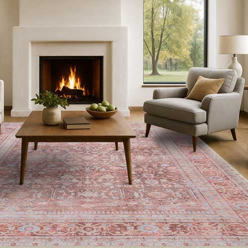 Cozy living room with a warm-toned, plush area rug under a sofa and coffee table, styled for a fall-inspired interior. 