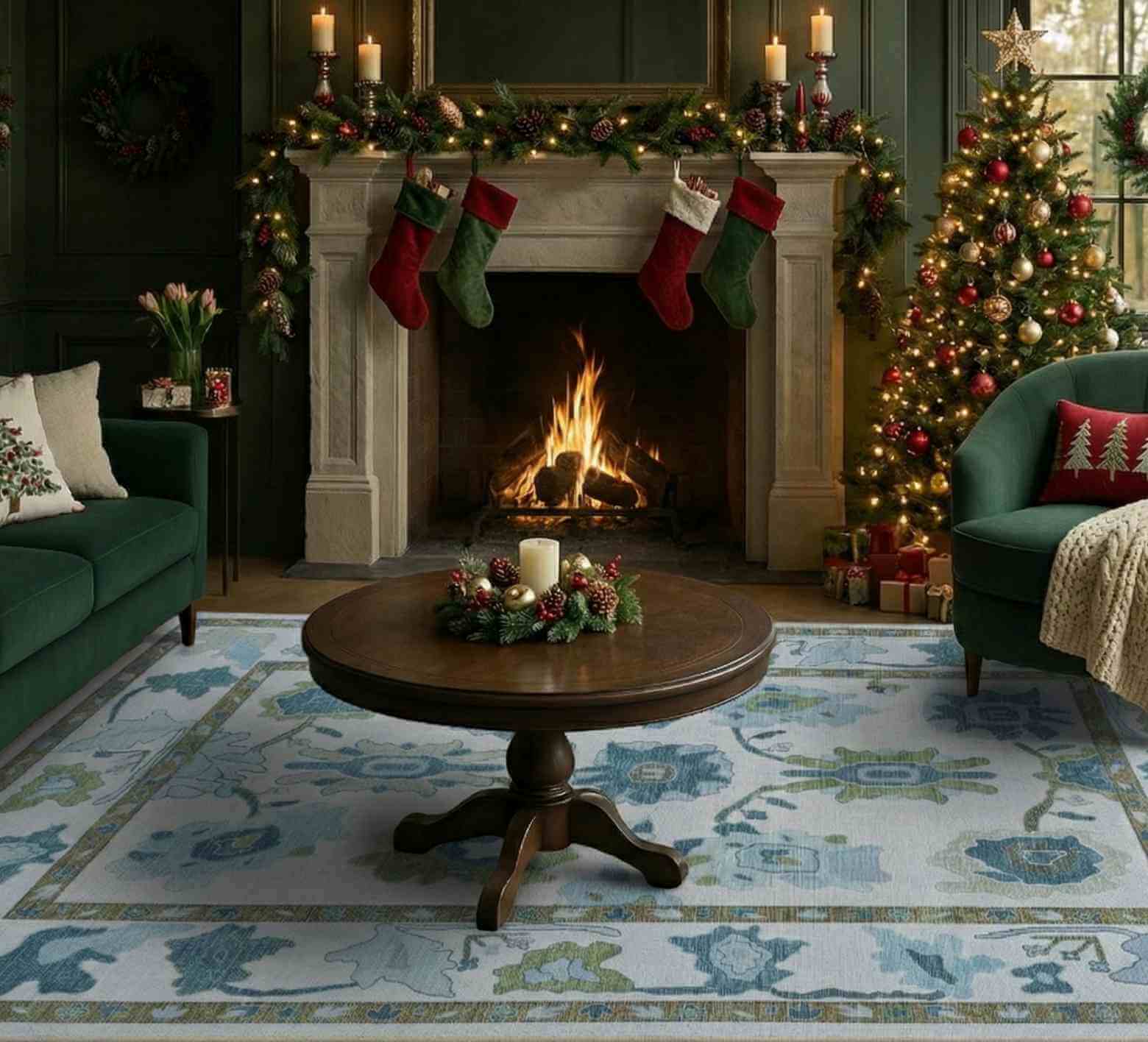 A cozy living room decorated for the holidays, featuring a soft blue and green rug from Fame Rugs placed near a beautifully lit Christmas tree.