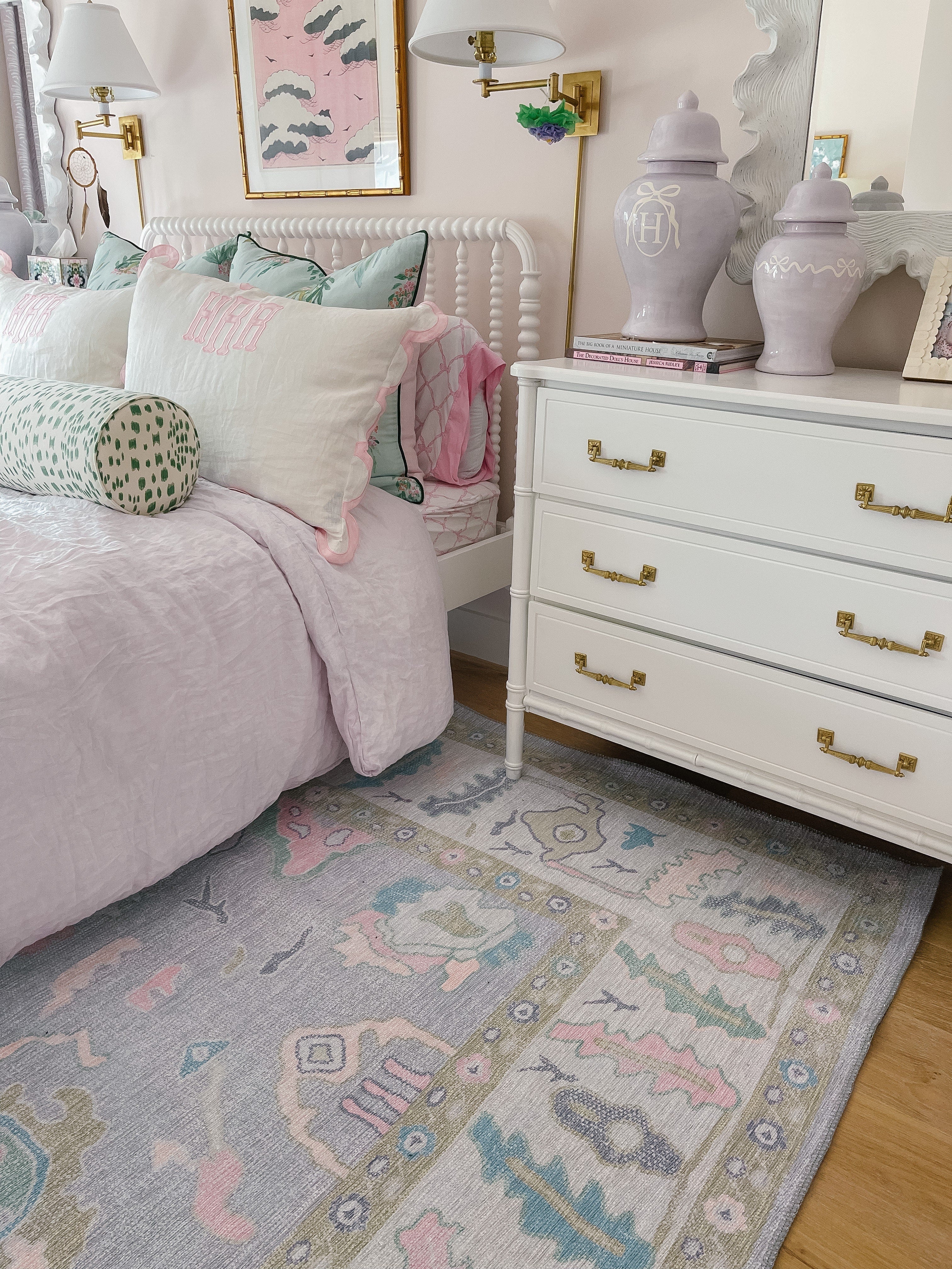 Aviana pastel lavender Oushak rug in a bright bedroom, creating a soft, elegant, and relaxing summer retreat.