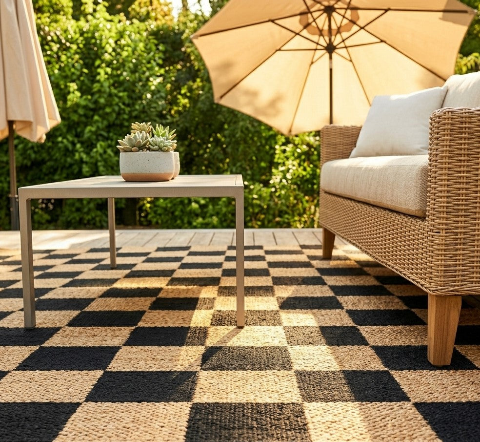 Affordable outdoor patio rug in a modern outdoor seating area, showcasing a high-quality durable rug for stylish outdoor living.