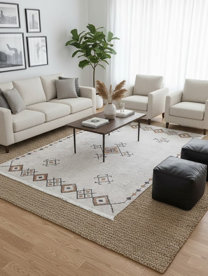Neutral Moroccan-style rug layered over a jute rug in a modern living room.