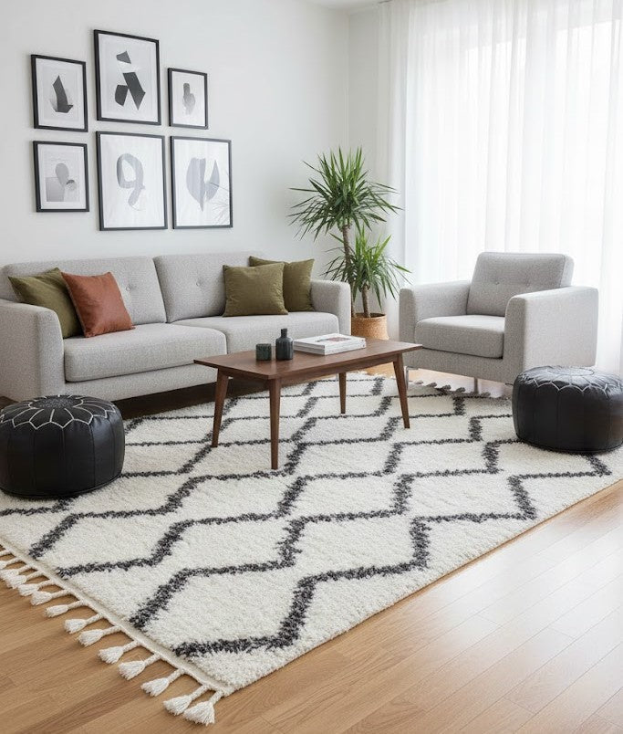 Cozy living room with a soft fall rug adding warmth and seasonal decor.