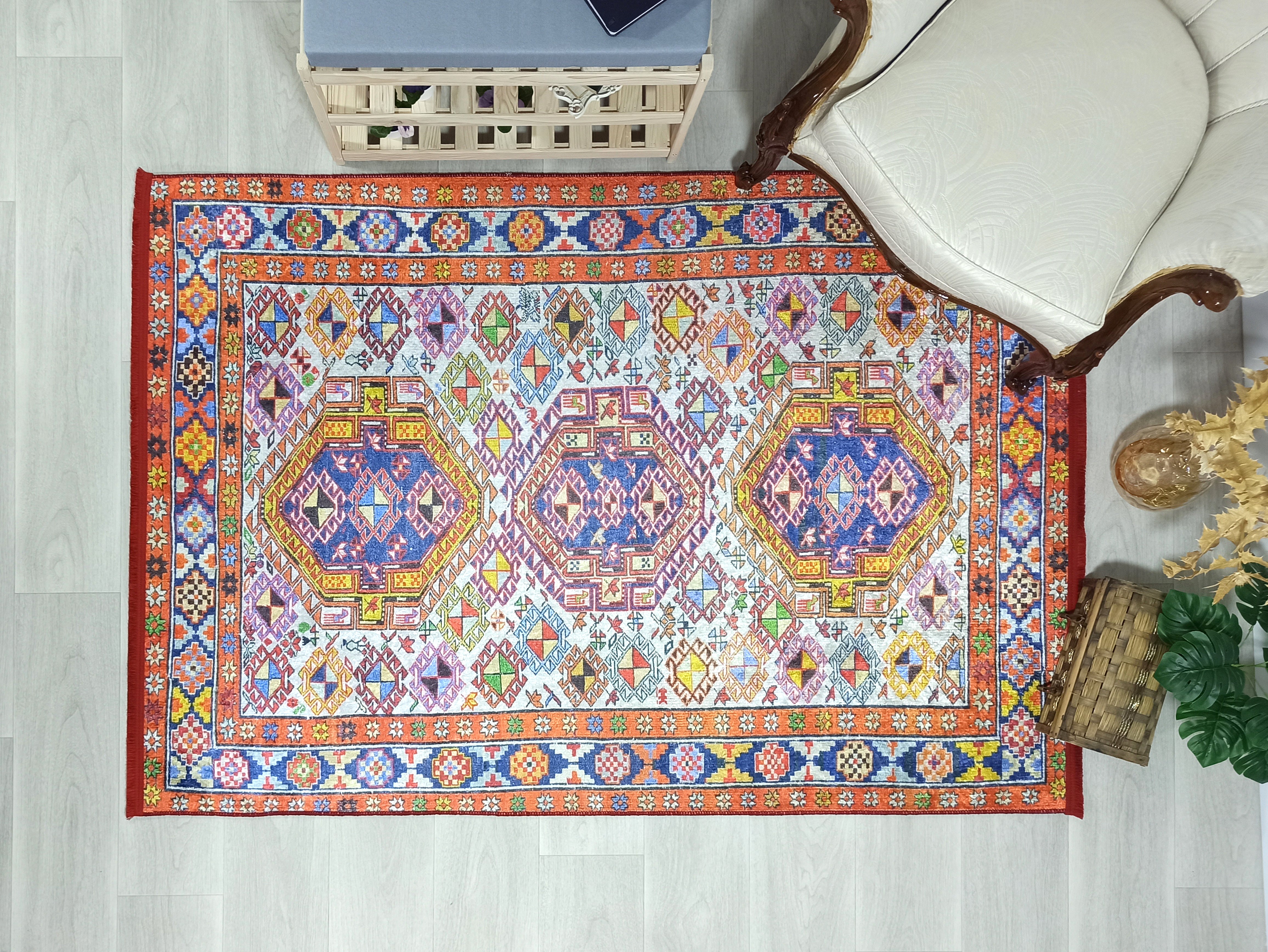 Persian Style Rug, Natural Ivory Colorful Vintage Rug