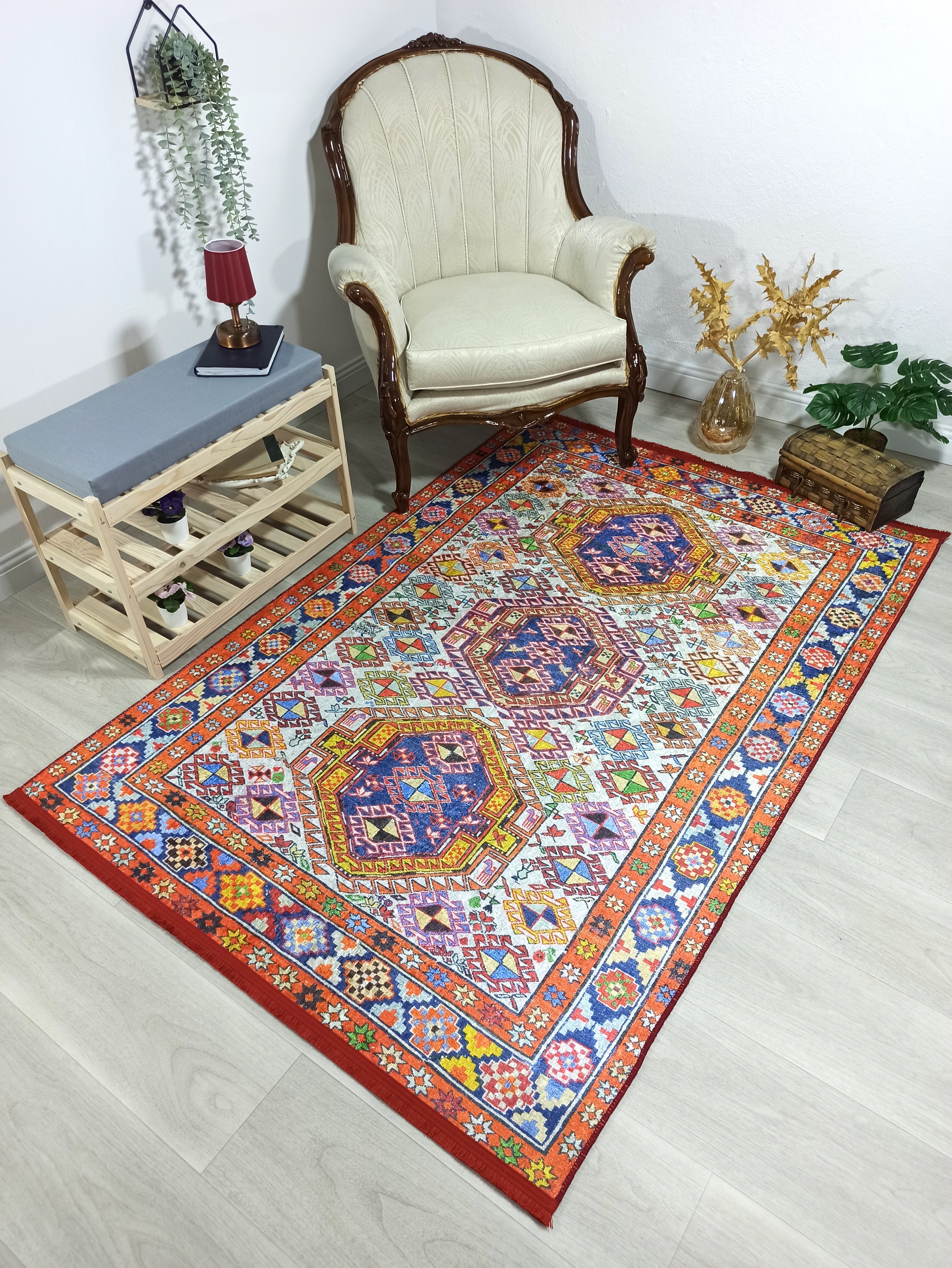 Persian Style Rug, Natural Ivory Colorful Vintage Rug